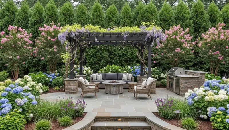 Backyard patio landscaping with lighting and greenery by Chop Chop Landscaping in Greenville, NC