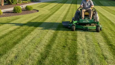Professional mower creating striped lawn patterns in Greenville, NC by Chop Chop Landscaping