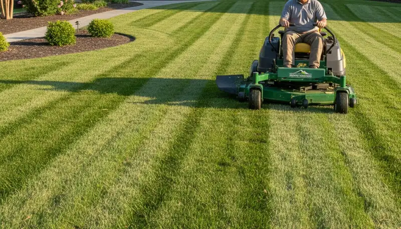 Professional mower creating striped lawn patterns in Greenville, NC by Chop Chop Landscaping