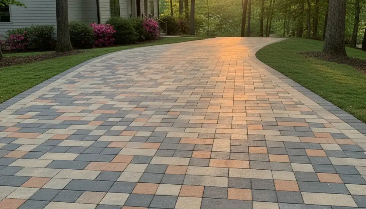 Completed interlocking paver driveway with clean pattern design by Chop Chop Landscaping in Greenville, NC