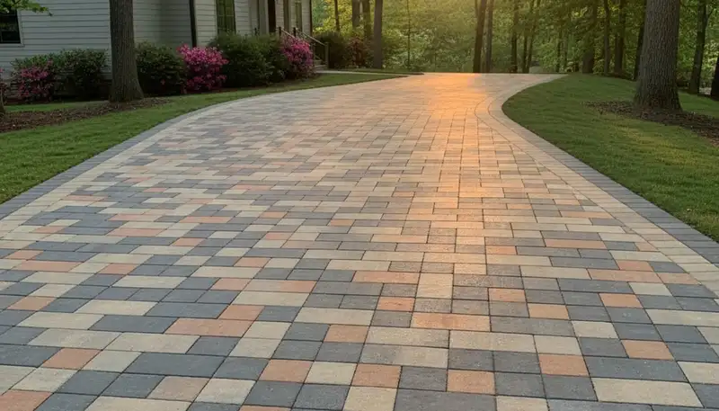 Completed interlocking paver driveway with clean pattern design by Chop Chop Landscaping in Greenville, NC
