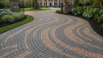 Curved paver driveway design with precise stone layout by landscaping experts in Greenville, NC