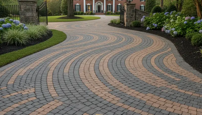 Curved paver driveway design with precise stone layout by landscaping experts in Greenville, NC
