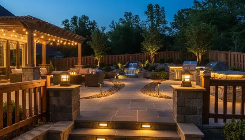 Deck and patio landscape lighting installation in Greenville, NC with post cap and step lights at night