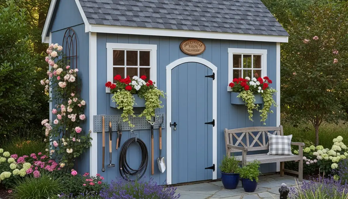 Decorative garden shed with custom landscaping in Greenville NC by Chop Chop Landscaping