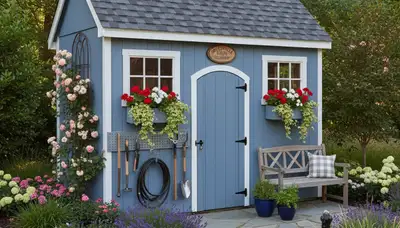 Decorative garden shed with custom landscaping in Greenville NC by Chop Chop Landscaping