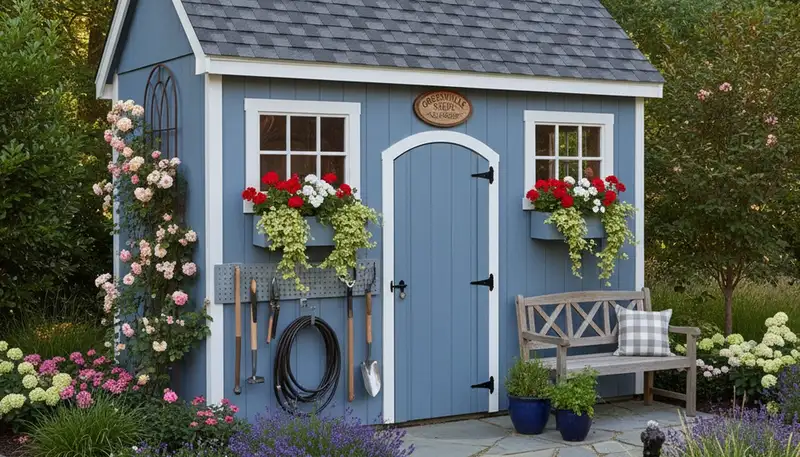 Decorative garden shed with custom landscaping in Greenville NC by Chop Chop Landscaping
