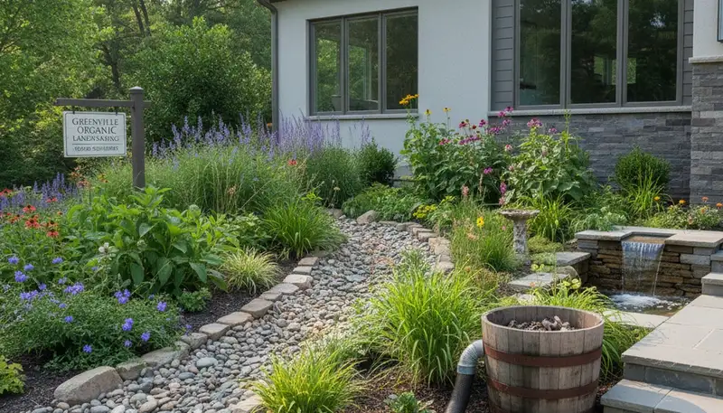 Rain garden with eco-friendly water system in Greenville NC landscape by Chop Chop Landscaping
