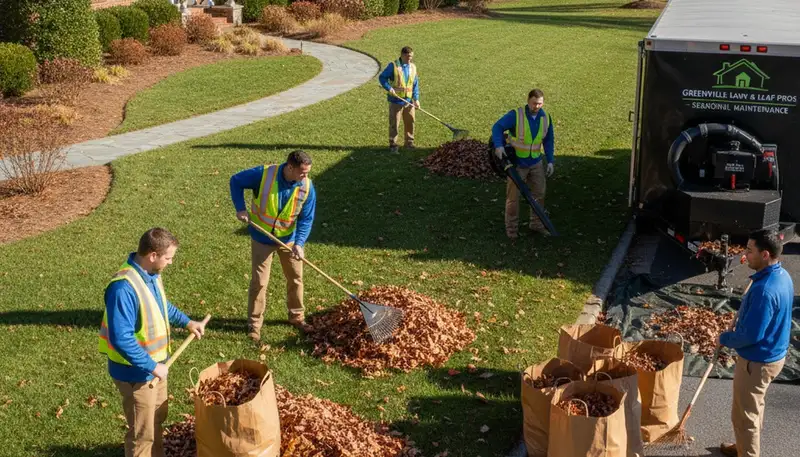 Technicians performing fall leaf removal and yard clean up in Greenville, NC residential lawn