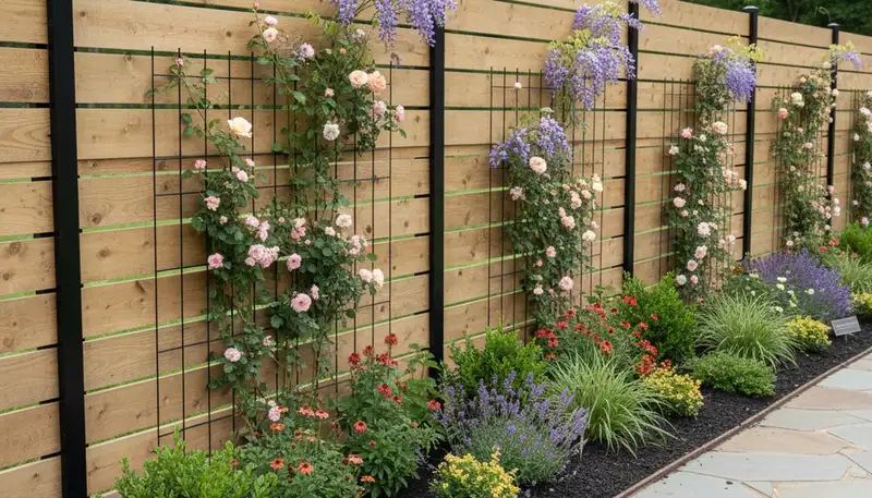 Fence with integrated landscape plantings by Chop Chop Landscaping in Greenville, NC