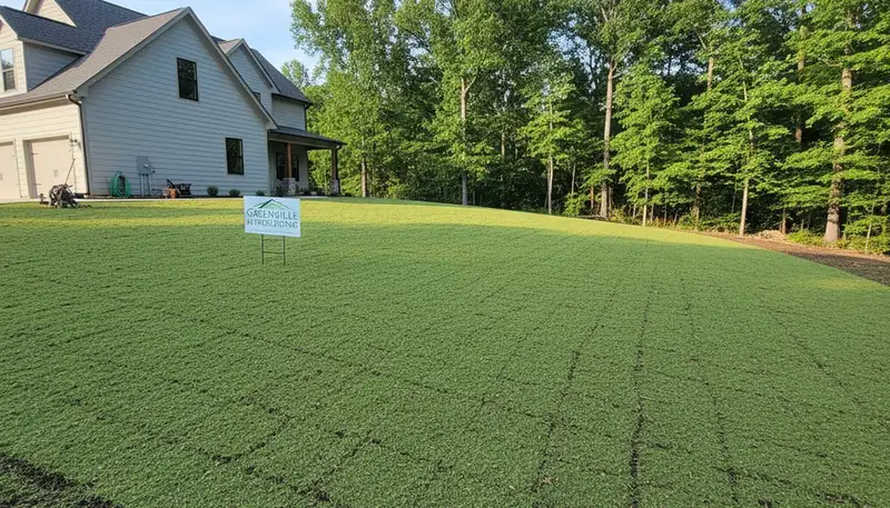 Freshly applied hydroseed coating soil for lawn growth by professional landscapers in Greenville, NC