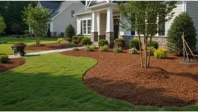 Fresh mulch installation with clean edges and rich color at Greenville NC landscape by Chop Chop Landscaping