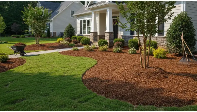 Fresh mulch installation with clean edges and rich color at Greenville NC landscape by Chop Chop Landscaping