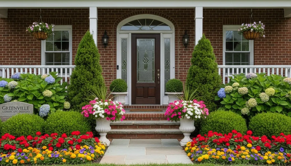 Front yard landscape design with colorful flowers and shrubs in Greenville, NC by Chop Chop Landscaping