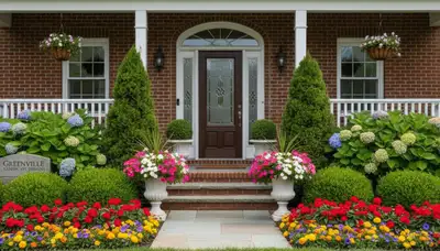 Front yard landscape design with colorful flowers and shrubs in Greenville, NC by Chop Chop Landscaping