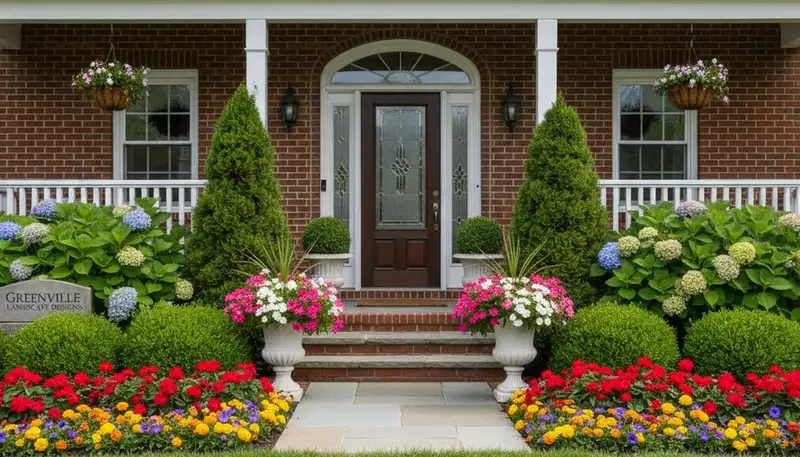 Front yard landscape design with colorful flowers and shrubs in Greenville, NC by Chop Chop Landscaping