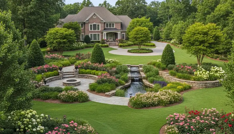 Full property landscape design with lawn, trees, and hardscape by Chop Chop Landscaping in Greenville, NC