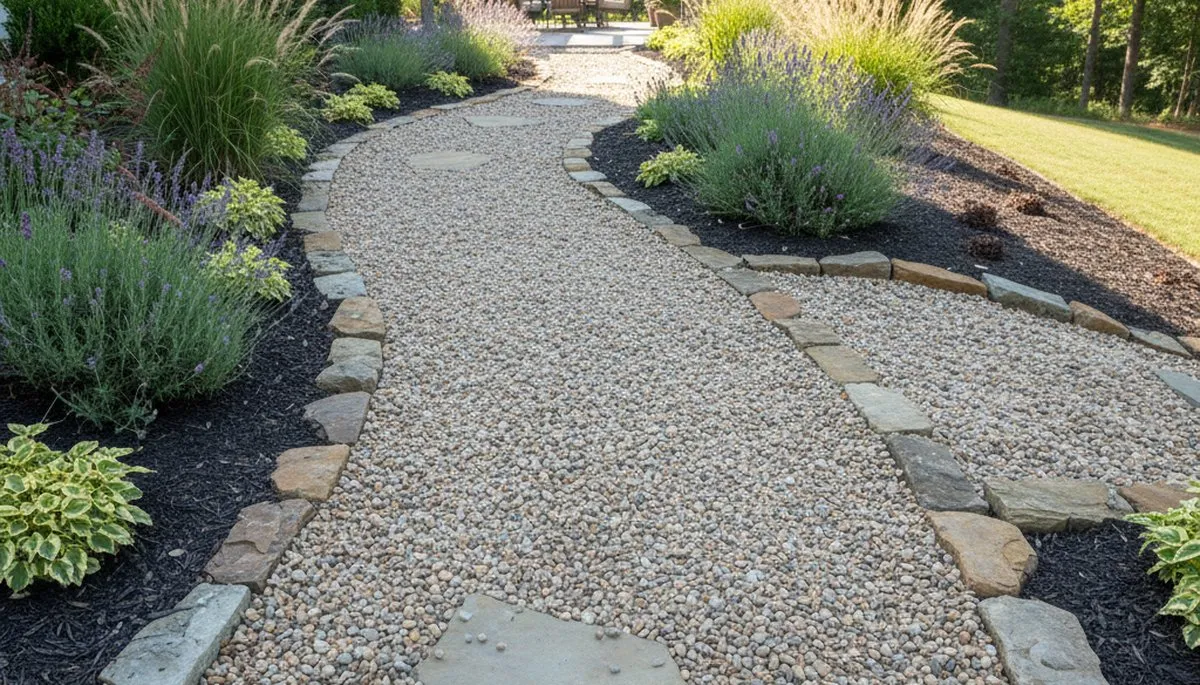 Pea gravel garden pathway installation by Chop Chop Landscaping in Greenville, NC landscaping project