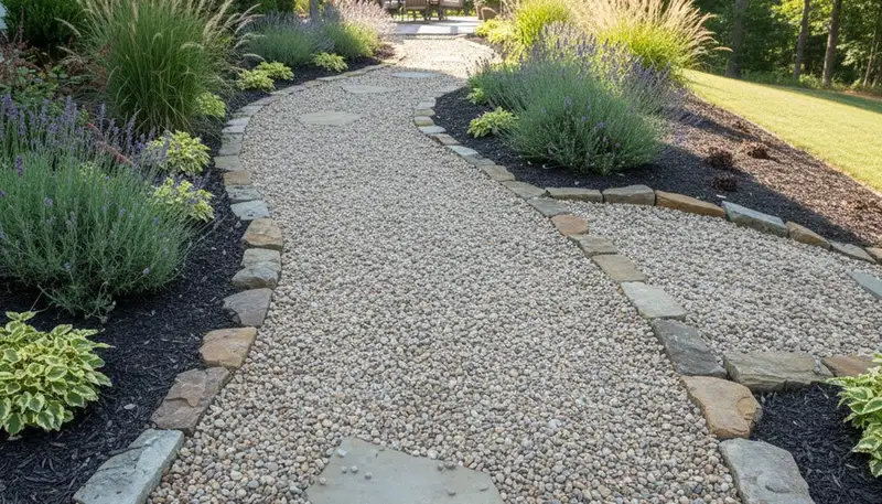 Pea gravel garden pathway installation by Chop Chop Landscaping in Greenville, NC landscaping project