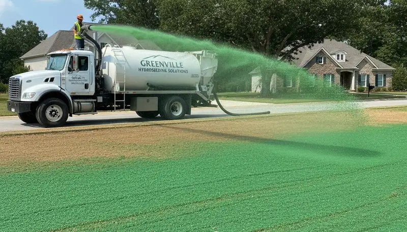 Hydroseeder truck spraying green lawn slurry in Greenville, NC by Chop Chop Landscaping