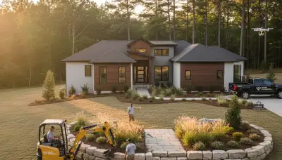 Landscaping crew working in Greenville, NC for residential lawn care and outdoor maintenance