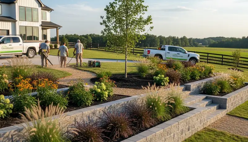 Landscaping crew servicing Greenville, NC property with professional lawn care and landscape maintenance