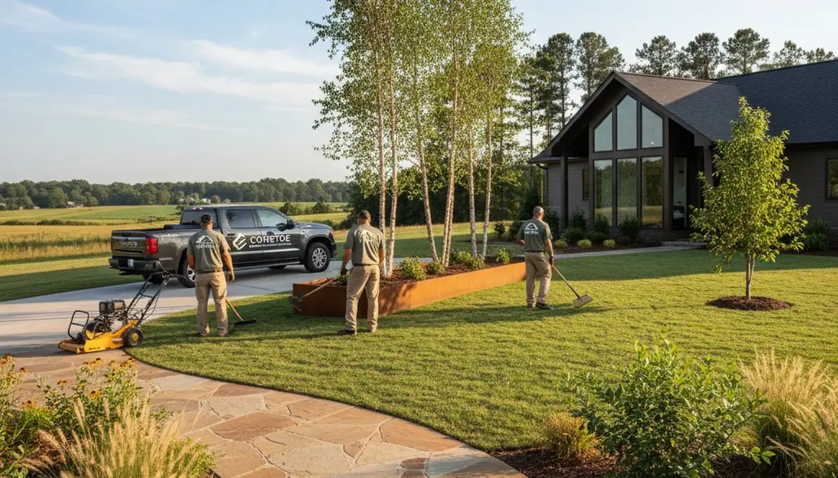 Landscaping crew providing lawn care and hardscaping services in Greenville, NC
