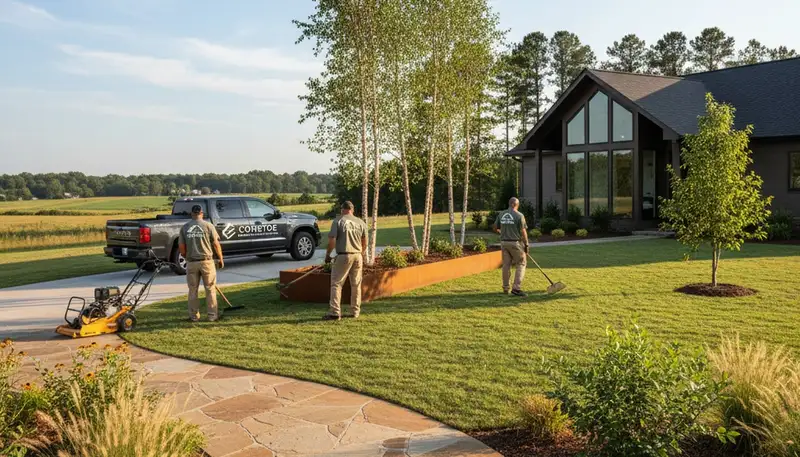 Landscaping crew providing lawn care and hardscaping services in Greenville, NC