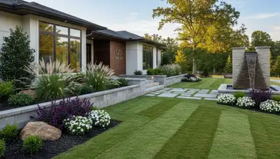 Greenville, NC landscaping team maintaining a residential lawn with professional yard care services