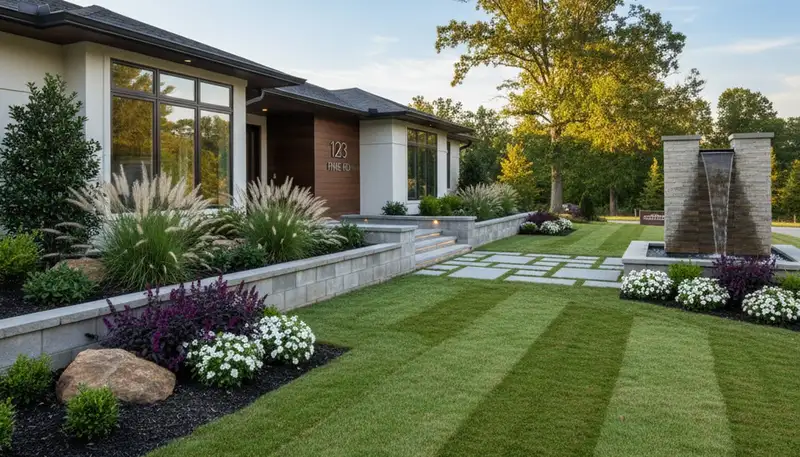 Greenville, NC landscaping team maintaining a residential lawn with professional yard care services