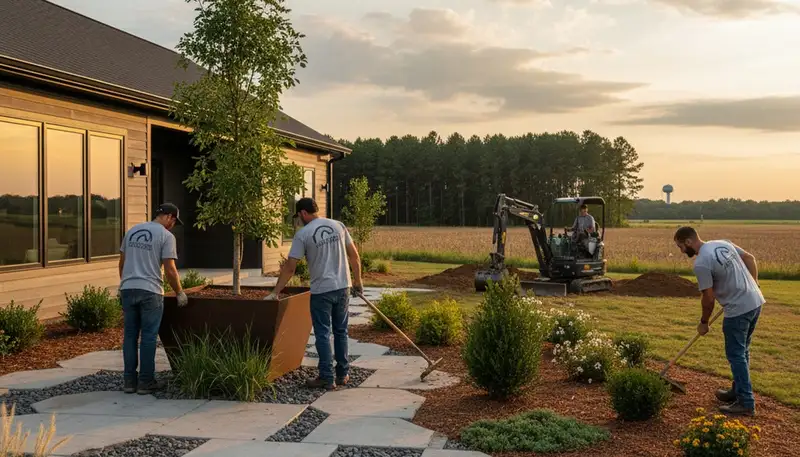 Landscaping crew serving Greenville, NC with professional lawn care and outdoor property maintenance