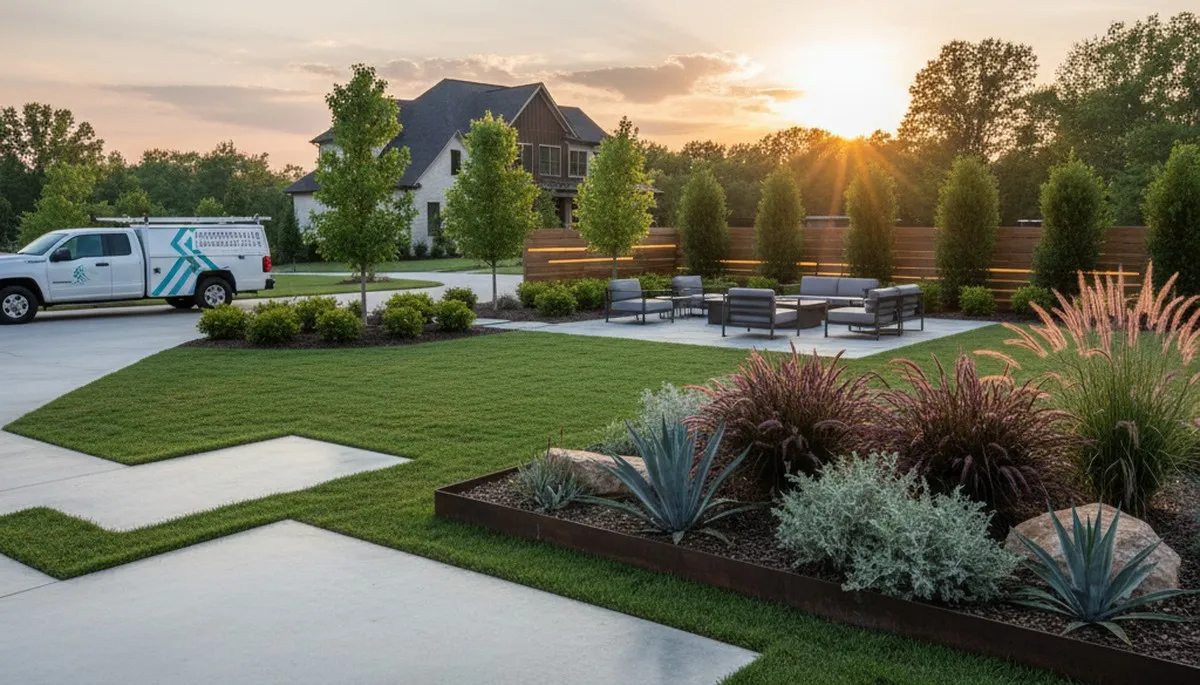 Landscaping crew servicing Greenville, NC residential yard with professional outdoor maintenance