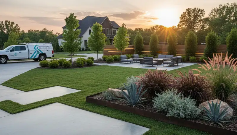 Landscaping crew servicing Greenville, NC residential yard with professional outdoor maintenance