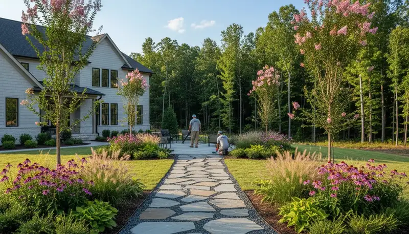 Landscaping crew servicing Greenville, NC residential yard maintenance and outdoor care