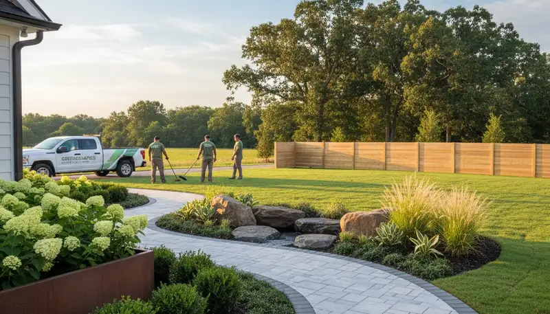 Landscaping crew servicing a Greenville, NC property for lawn care and landscape maintenance