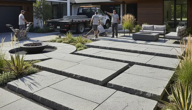 Modern large stone patio installation by Chop Chop Landscaping in Greenville, NC