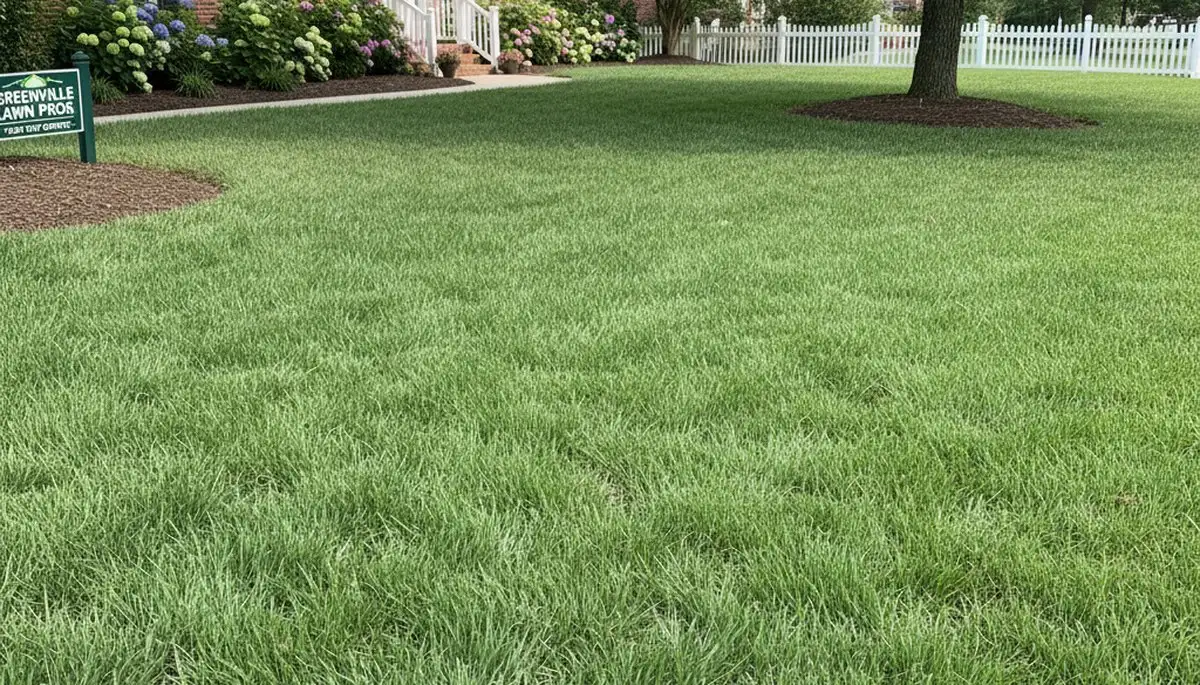 Lush green residential lawn in Greenville, NC showcasing professional landscaping and lawn care results