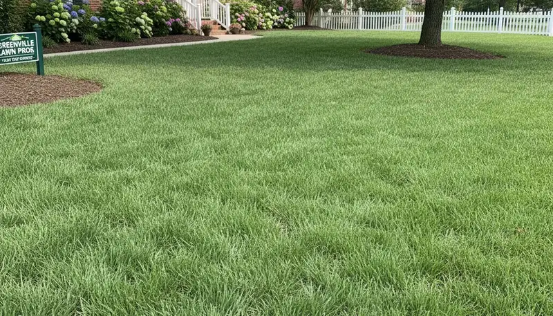 Lush green residential lawn in Greenville, NC showcasing professional landscaping and lawn care results