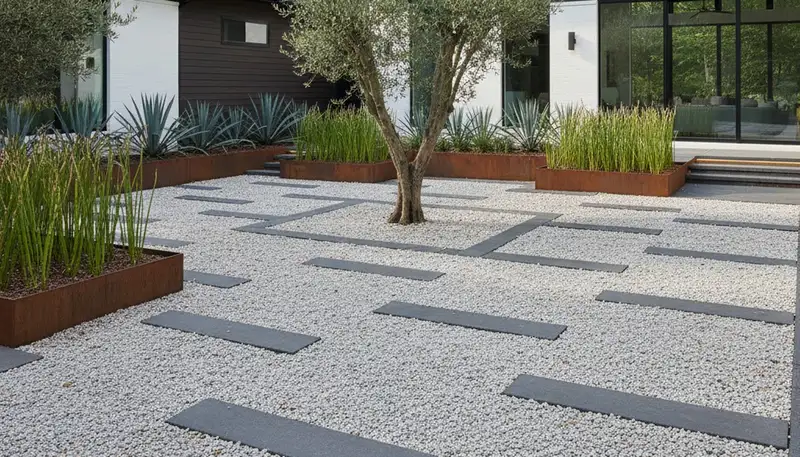 Modern minimalist pea gravel landscape with geometric lines in Greenville, NC by Chop Chop Landscaping