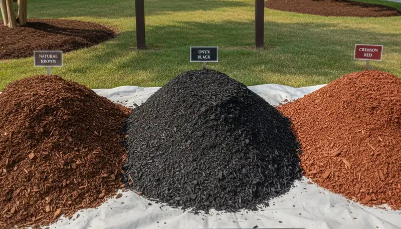 Brown, black, and red mulch variety display for landscaping in Greenville, NC