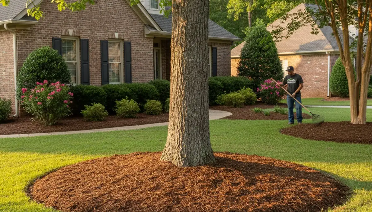 Professional circular tree mulch ring installation in Greenville, NC landscape for healthy tree care