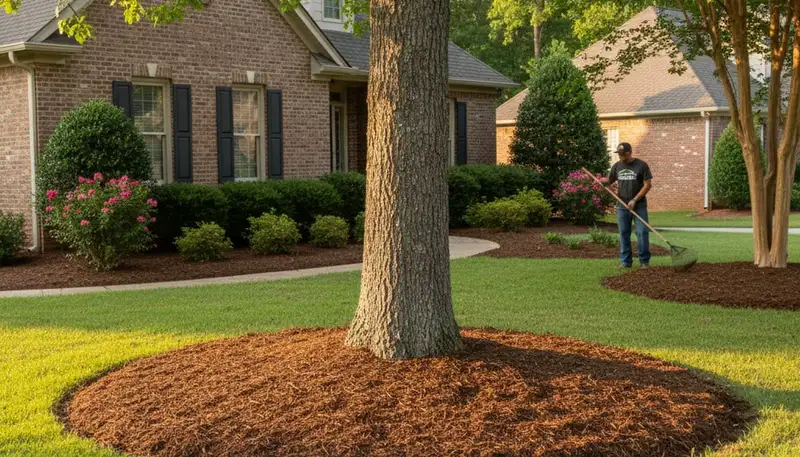 Professional circular tree mulch ring installation in Greenville, NC landscape for healthy tree care