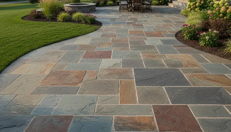 Flagstone patio with natural stone pavers by Chop Chop Landscaping in Greenville, NC