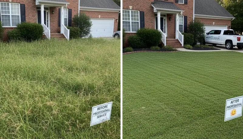 Before and after lawn mowing showing overgrown to trimmed yard by landscapers in Greenville, NC