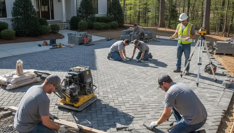 Professional crew installing driveway pavers in Greenville NC with precision base prep and leveling