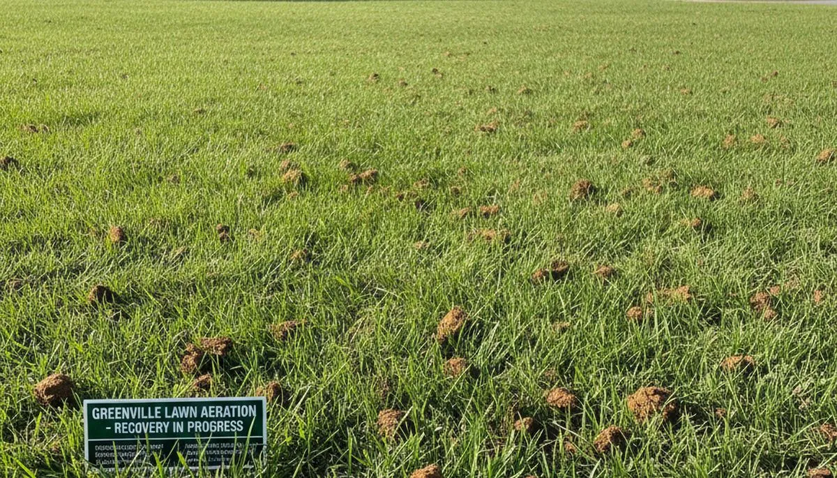 Greenville NC lawn recovering after core aeration by Chop Chop Landscaping showing greener, denser turf