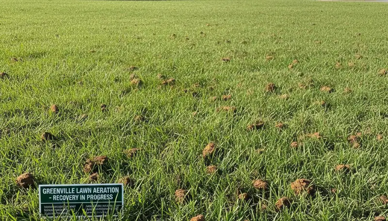 Greenville NC lawn recovering after core aeration by Chop Chop Landscaping showing greener, denser turf