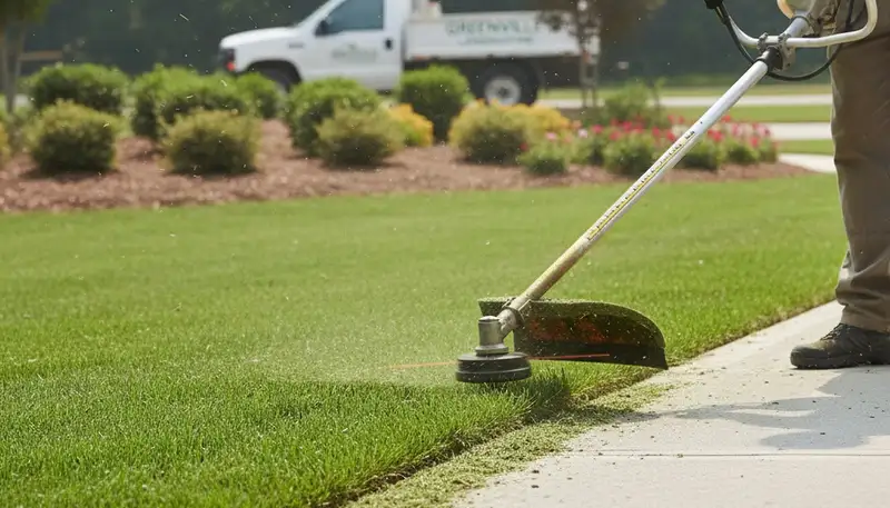 Technician edging lawn with string trimmer for precise landscaping in Greenville, NC