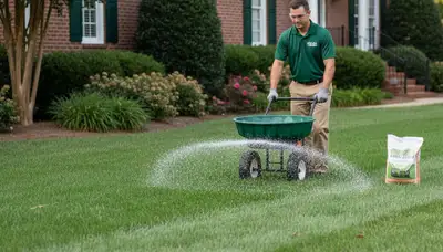 Lawn care technician applying fertilizer with spreader in Greenville, NC for Chop Chop Landscaping
