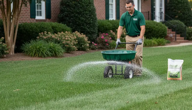 Lawn care technician applying fertilizer with spreader in Greenville, NC for Chop Chop Landscaping